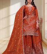Orange fandy silk   party wear embroidery salwar  suit set