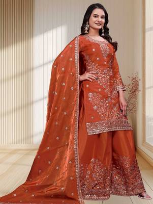 Orange fandy silk   party wear embroidery salwar  suit set 2