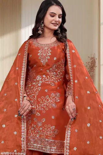 Orange fandy silk   party wear embroidery salwar  suit set
