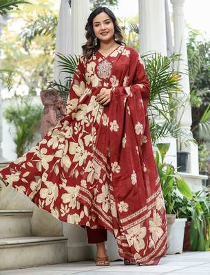 Maroon Premium Cotton Discharge Print Anarkali Suit Set with Adda Handwork 1