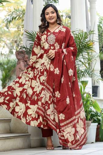 Maroon Premium Cotton Discharge Print Anarkali Suit Set with Adda Handwork