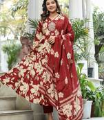 Maroon Premium Cotton Discharge Print Anarkali Suit Set with Adda Handwork