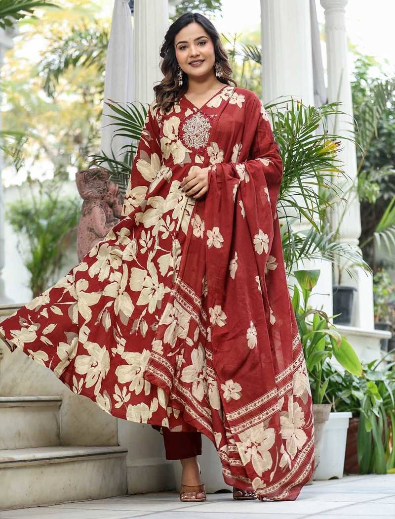 Maroon Premium Cotton Discharge Print Anarkali Suit Set with Adda Handwork