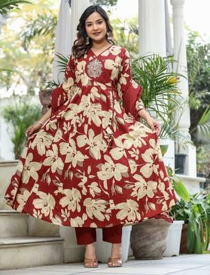 Maroon Premium Cotton Discharge Print Anarkali Suit Set with Adda Handwork 2