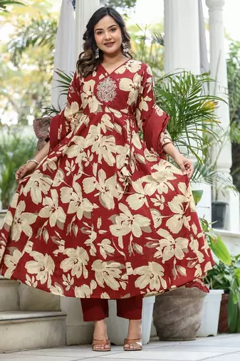 Maroon Premium Cotton Discharge Print Anarkali Suit Set with Adda Handwork