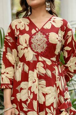 Maroon Premium Cotton Discharge Print Anarkali Suit Set with Adda Handwork 3