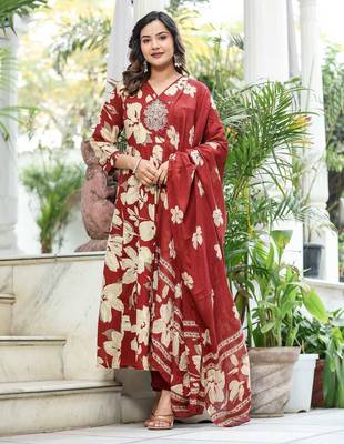 Maroon Premium Cotton Discharge Print Anarkali Suit Set with Adda Handwork 4