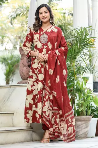 Maroon Premium Cotton Discharge Print Anarkali Suit Set with Adda Handwork