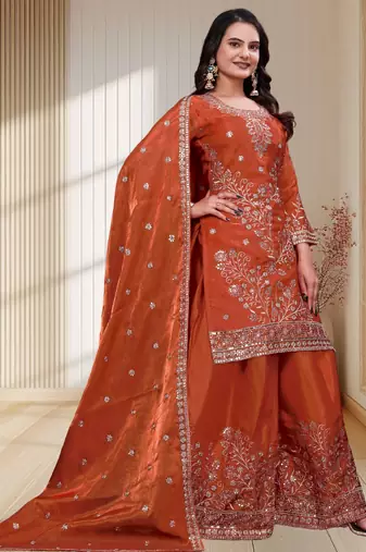 Orange fandy silk   party wear embroidery salwar  suit set