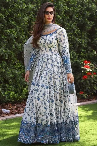 White and Blue Faux Georgette Embroidered Gown Set with Organza Silk Dupatta