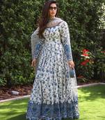 White and Blue Faux Georgette Embroidered Gown Set with Organza Silk Dupatta