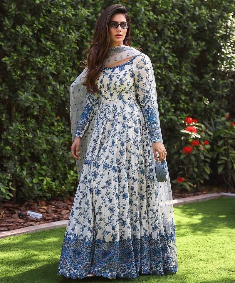 White and Blue Faux Georgette Embroidered Gown Set with Organza Silk Dupatta