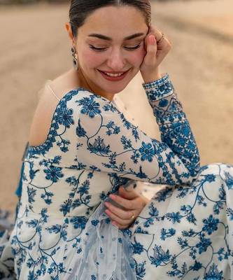 White and Blue Faux Georgette Embroidered Gown Set with Organza Silk Dupatta 2