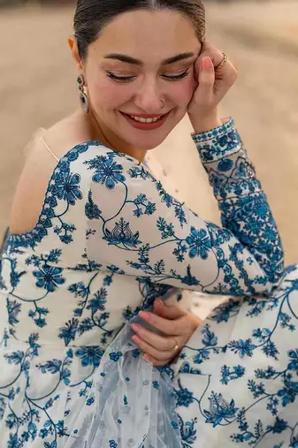 White and Blue Faux Georgette Embroidered Gown Set with Organza Silk Dupatta