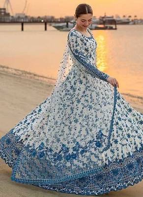 White and Blue Faux Georgette Embroidered Gown Set with Organza Silk Dupatta 3