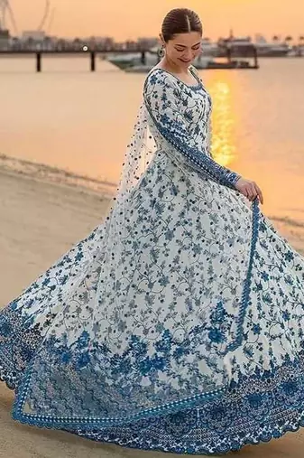 White and Blue Faux Georgette Embroidered Gown Set with Organza Silk Dupatta