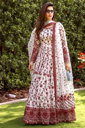 White and Maroon Faux Georgette Embroidered Gown Set with Organza Silk Dupatta