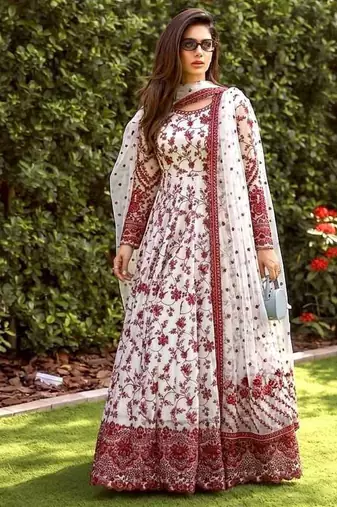 White and Maroon Faux Georgette Embroidered Gown Set with Organza Silk Dupatta