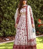 White and Maroon Faux Georgette Embroidered Gown Set with Organza Silk Dupatta