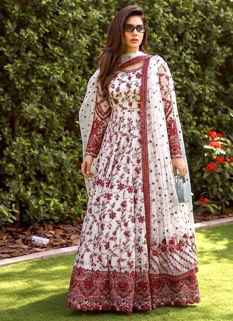 White and Maroon Faux Georgette Embroidered Gown Set with Organza Silk Dupatta