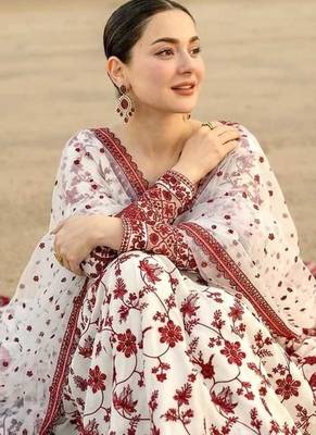 White and Maroon Faux Georgette Embroidered Gown Set with Organza Silk Dupatta 2