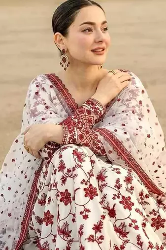 White and Maroon Faux Georgette Embroidered Gown Set with Organza Silk Dupatta