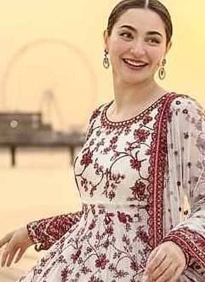 White and Maroon Faux Georgette Embroidered Gown Set with Organza Silk Dupatta 3
