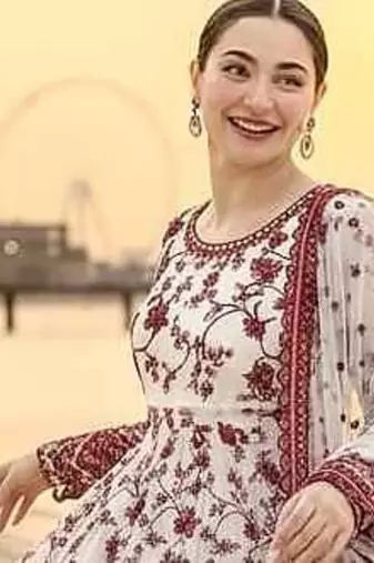 White and Maroon Faux Georgette Embroidered Gown Set with Organza Silk Dupatta