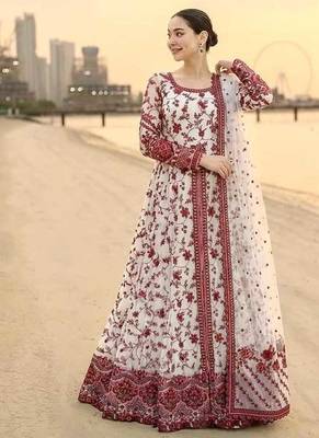 White and Maroon Faux Georgette Embroidered Gown Set with Organza Silk Dupatta 4
