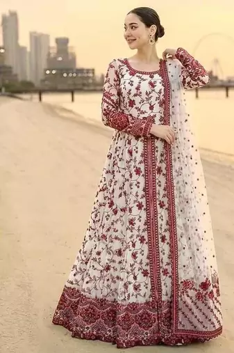 White and Maroon Faux Georgette Embroidered Gown Set with Organza Silk Dupatta