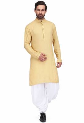 Yellow rayon kurta with white cotton dhoti style salwar 1