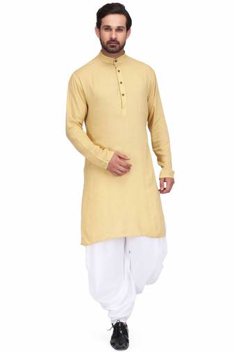 Yellow rayon kurta with white cotton dhoti style salwar