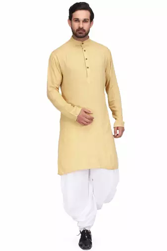 Yellow rayon kurta with white cotton dhoti style salwar