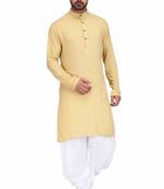 Yellow rayon kurta with white cotton dhoti style salwar