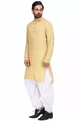 Yellow rayon kurta with white cotton dhoti style salwar