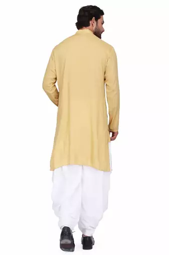 Yellow rayon kurta with white cotton dhoti style salwar