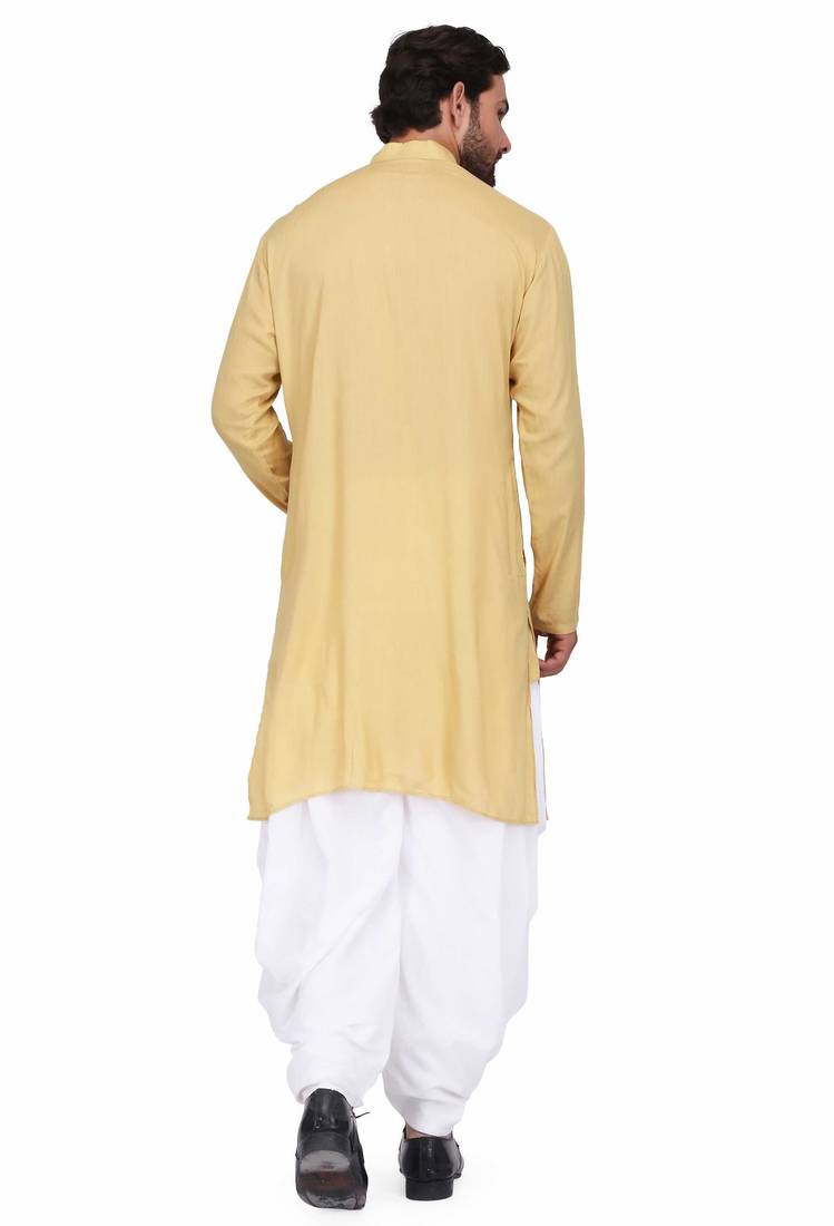 Yellow rayon kurta with white cotton dhoti style salwar