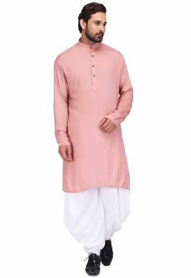 Dusty pink rayon kurta paired with white cotton dhoti style salwar 1