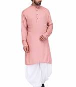 Dusty pink rayon kurta paired with white cotton dhoti style salwar