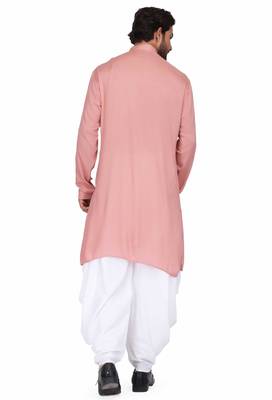 Dusty pink rayon kurta paired with white cotton dhoti style salwar 3