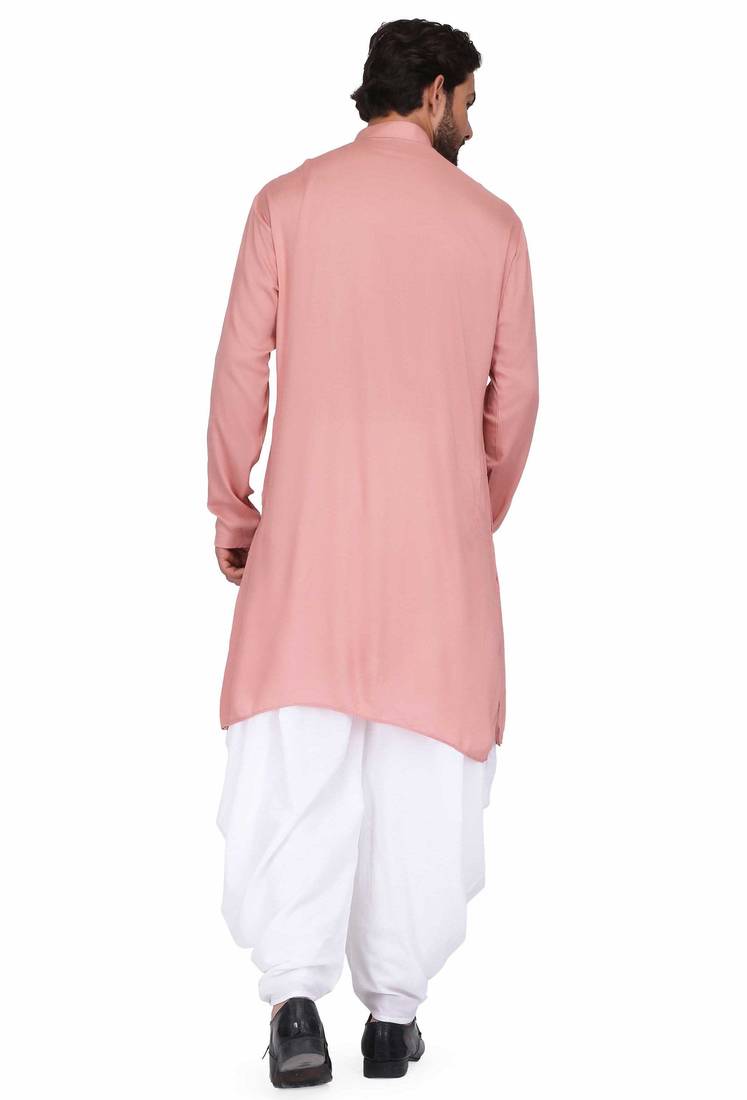 Dusty pink rayon kurta paired with white cotton dhoti style salwar
