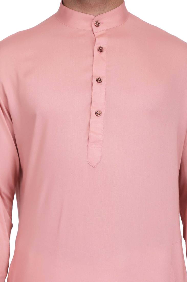 Dusty pink rayon kurta paired with white cotton dhoti style salwar