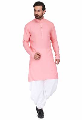 Pink rayon kurta with white cotton dhoti style salwar 1