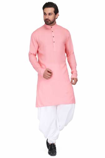 Pink rayon kurta with white cotton dhoti style salwar