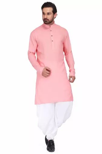 Pink rayon kurta with white cotton dhoti style salwar