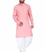 Pink rayon kurta with white cotton dhoti style salwar