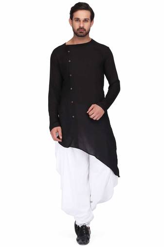 Black rayon kurta with white cotton dhoti style salwar