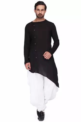 Black rayon kurta with white cotton dhoti style salwar