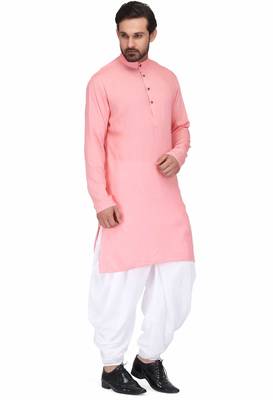 Pink rayon kurta with white cotton dhoti style salwar 2