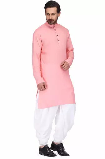 Pink rayon kurta with white cotton dhoti style salwar